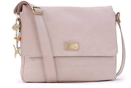 Catwalk Collection Handbags - Leder Laptoptasche 14 15 Zoll - Umhängetasche Messenger Bag Groß - Arbeitstasche für Notizbuch A4 - Sabine - Latté von Catwalk Collection Handbags