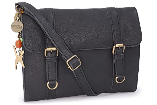 Catwalk Collection Handbags - Damen Leder Umhängetasche - Crossbody Bag/Handtasche Klein - Verstellbarer Abnehmbarer Schultergurt - AMY - Schwarz von Catwalk Collection Handbags