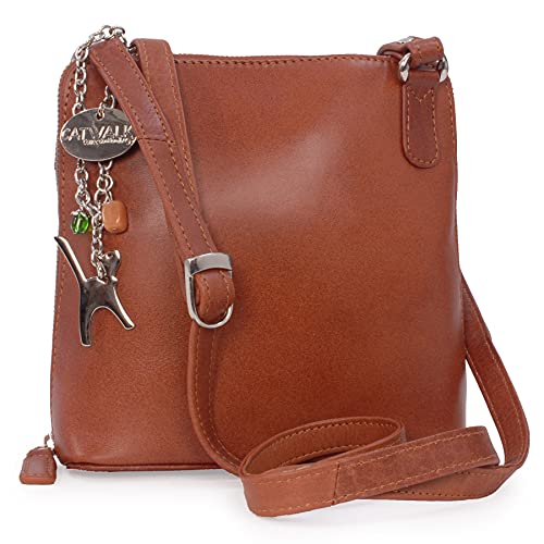 Catwalk Collection Handbags - Damen Leder Umhängetasche - Crossbody Bag/Handtasche Mittelgroß - Verstellbarer Schultergurt - ELEANOR - Hellbraun von Catwalk Collection Handbags