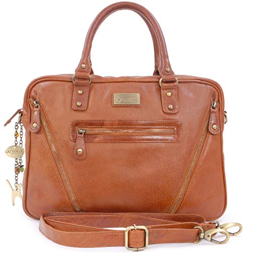 Catwalk Collection Handbags - Damen Leder Schultertasche Groß - Aktentasche für Notizbuch A4 - Laptoptasche 13 14 Zoll - SIENNA - Hellbraun von Catwalk Collection Handbags