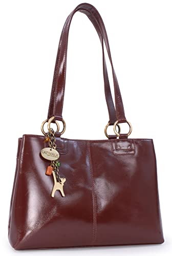 Catwalk Collection Handbags - Damen Leder Schultertasche - Handtasche Mittelgroß - Tote Bag - Arbeitstasche - BELLSTONE - Braun von Catwalk Collection Handbags