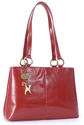 Catwalk Collection Handbags - Damen Leder Schultertasche - Handtasche Mittelgroß - Tote Bag - Arbeitstasche - BELLSTONE - Rot von Catwalk Collection Handbags