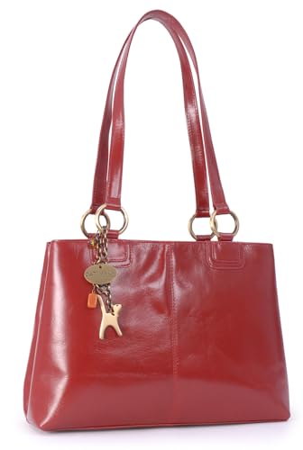 Catwalk Collection Handbags - Damen Leder Schultertasche - Handtasche Mittelgroß - Tote Bag - Arbeitstasche - Bellstone - Rot von Catwalk Collection Handbags