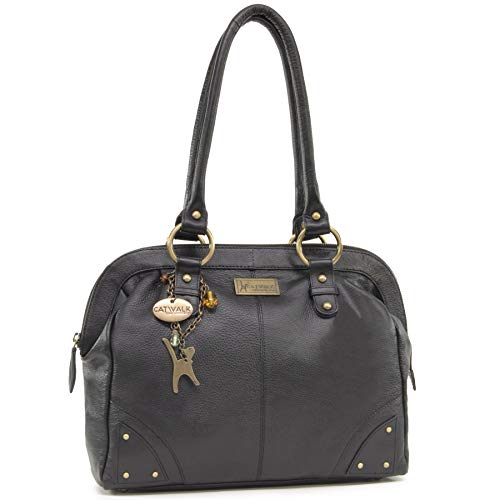 Catwalk Collection Handbags - Damen Leder Schultertasche - Handtasche Groß - Arbeitstasche für Notizbuch A4 - Doctor Bag - Schwarz von Catwalk Collection Handbags