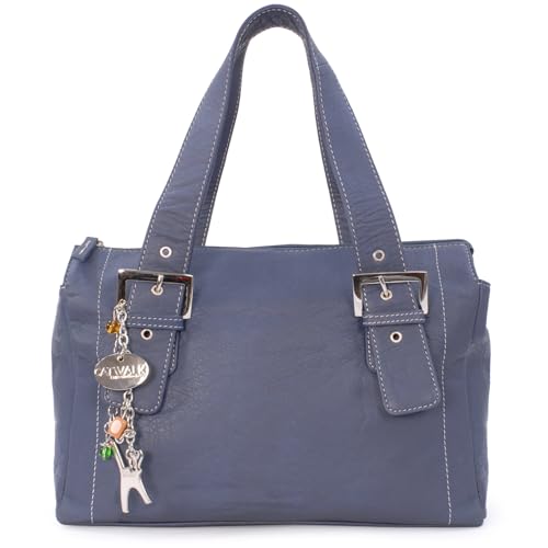 Catwalk Collection Handbags - Damen Leder Schultertasche - Handtasche Mittelgroß mit Viele Fächer - Jane - Blau von Catwalk Collection Handbags