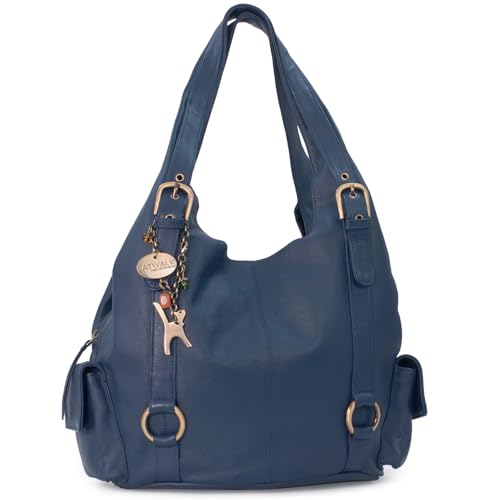Catwalk Collection Handbags - Damen Leder Schultertasche - Handtasche Groß - Hobo Bag mit Viele Fächer - Alex - Blau von Catwalk Collection Handbags