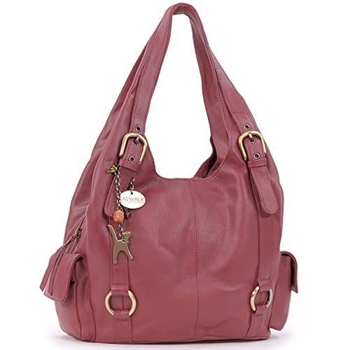 Catwalk Collection Handbags - Damen Leder Schultertasche - Handtasche Groß - Hobo Bag mit Viele Fächer - Alex - Rot von Catwalk Collection Handbags