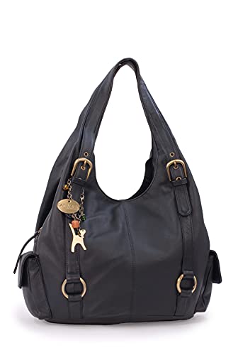 Catwalk Collection Handbags - Damen Leder Schultertasche - Handtasche Groß - Hobo Bag mit Viele Fächer - ALEX - Schwarz von Catwalk Collection Handbags