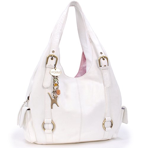 Catwalk Collection Handbags - Damen Leder Schultertasche - Handtasche Groß - Hobo Bag mit Viele Fächer - Alex - Weiß von Catwalk Collection Handbags