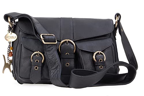 Catwalk Collection Handbags - Damen Leder Umhängetasche - Crossbody Bag/Handtasche Mittelgroß - Verstellbarer Schultergurt - LOUISA - Schwarz von Catwalk Collection Handbags