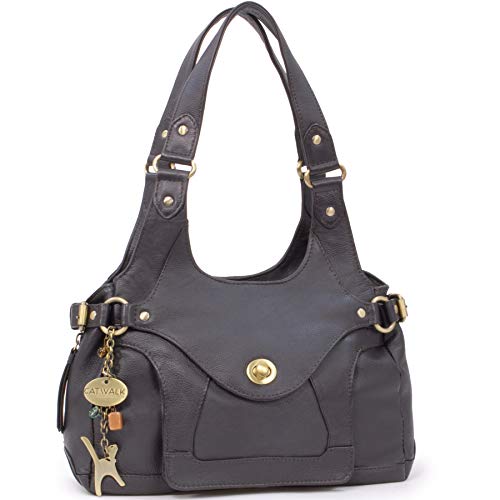 Catwalk Collection Handbags - Damen Leder Schultertasche - Handtasche Mittelgroß mit Viele Fächer - Roxanna - Braun von Catwalk Collection Handbags