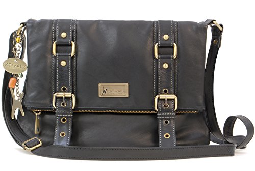 Catwalk Collection Handbags - Damen Leder Umhängetasche - Crossbody Bag/Handtasche Mittelgroß - Verstellbarer Schultergurt - ABBEY ROAD - Schwarz von Catwalk Collection Handbags