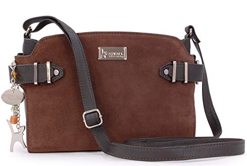 Catwalk Collection Handbags - Damen Umhängetasche - Crossbody Bag Mittelgroß - Leder und Wildleder - Verstellbarer Gurt - AMANDA - Braun von Catwalk Collection Handbags