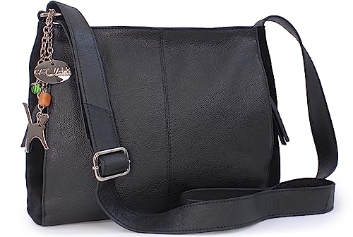 Catwalk Collection Handbags - Damen Umhängetasche Mittelgroß - Crossbody Bag - Leder und Wildleder - Verstellbarer Schultergurt - CHARLOTTE - Schwarz von Catwalk Collection Handbags