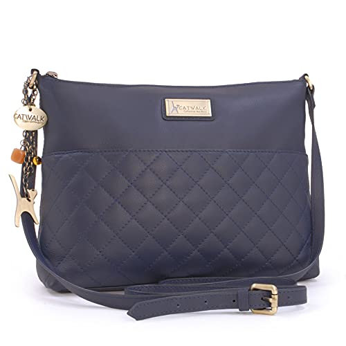 Catwalk Collection Handbags - Damen Umhängetasche Mittelgroß - Crossbody Bag/Handtasche - Gesteppte Leder - Verstellbarer Gurt - SADIE - Blau von Catwalk Collection Handbags