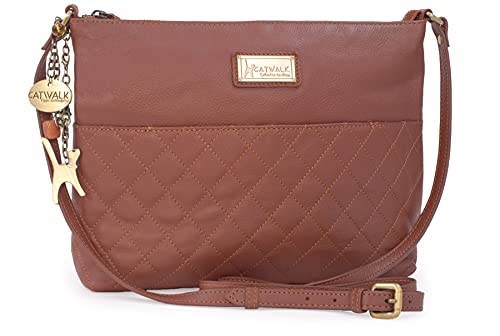 Catwalk Collection Handbags - Damen Umhängetasche Mittelgroß - Crossbody Bag/Handtasche - Gesteppte Leder - Verstellbarer Gurt - SADIE - Hellbraun von Catwalk Collection Handbags