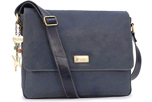 Catwalk Collection Handbags - Leder Laptoptasche 14 15 Zoll - Umhängetasche Messenger Bag Groß - Arbeitstasche für Notizbuch A4 - Sabine - Blau von Catwalk Collection Handbags