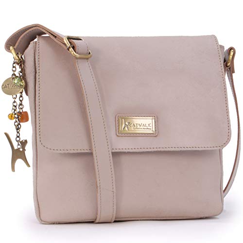 Catwalk Collection Handbags - Damen Antik - Leder Umhängetasche - Messenger Bag Mittelgroß - Arbeitstasche für Notizbuch A5 - Sabine - Latté/Beige von Catwalk Collection Handbags
