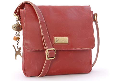 Catwalk Collection Handbags - Damen Antik-Leder Umhängetasche - Messenger Bag Mittelgroß - Arbeitstasche für Notizbuch A5 - SABINE - Rot von Catwalk Collection Handbags