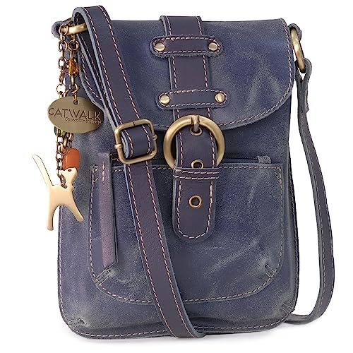 Catwalk Collection Handbags - Damen Antikleder Umhängetasche - Crossbody Bag/Lederhandtasche Klein - Verstellbarer Schultergurt - JOLENE - Blau von Catwalk Collection Handbags