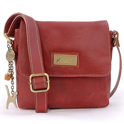 Catwalk Collection Handbags - Damen Antik-Leder Umhängetasche - Crossbody Bag Klein - Messenger Bag - Verstellbarer Schultergurt - SABINE - Rot von Catwalk Collection Handbags