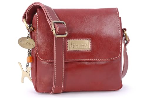 Catwalk Collection Handbags - Damen Antik - Leder Umhängetasche - Crossbody Bag Klein - Messenger Bag - Verstellbarer Schultergurt - Sabine - Rot von Catwalk Collection Handbags