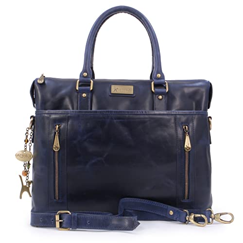 Catwalk Collection Handbags - Damen Leder Laptoptasche 16 Zoll - Aktentasche Groß - Schultertasche Arbeitstasche für Notizbuch A4 - ADELE - Blau von Catwalk Collection Handbags