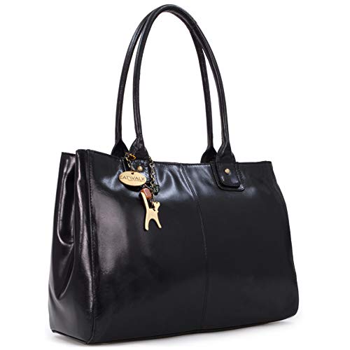 Catwalk Collection Handbags - Damen Leder Schultertasche - Handtasche Tote Bag Groß - Arbeitstasche für Notizbuch A4 - KENSINGTON - Schwarz von Catwalk Collection Handbags