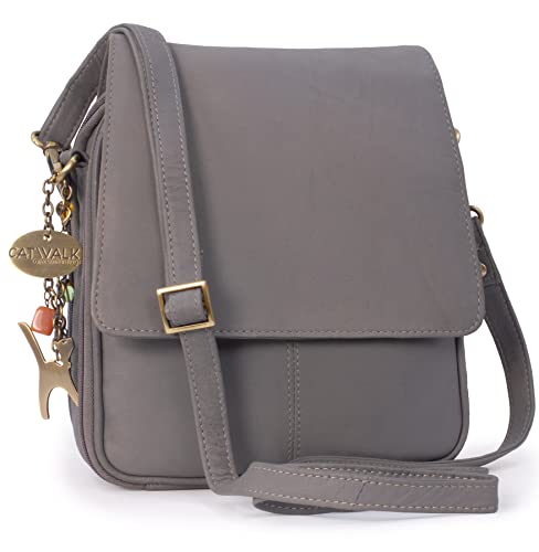 Catwalk Collection Handbags - Damen Leder Umhängetasche - Crossbody Bag/Handtasche Mittelgroß - Verstellbarer Abnehmbarer Gurt - METRO - Grau von Catwalk Collection Handbags