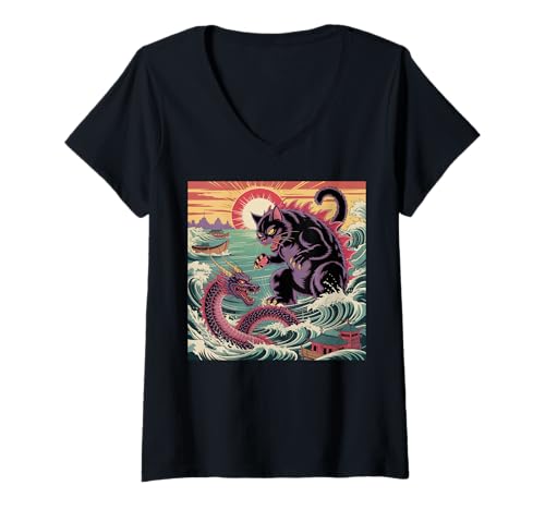 Damen Catzilla Cat Japanische Kunst Drache Herren Damen Kinder Katzenliebhaber T-Shirt mit V-Ausschnitt Damen Catzilla Cat Japanische Kunst Drache Herren Damen Kinder Katzenliebhaber T-Shirt mit V-Ausschnitt von Catzilla tshirt Catzilla Cat Japanese Art