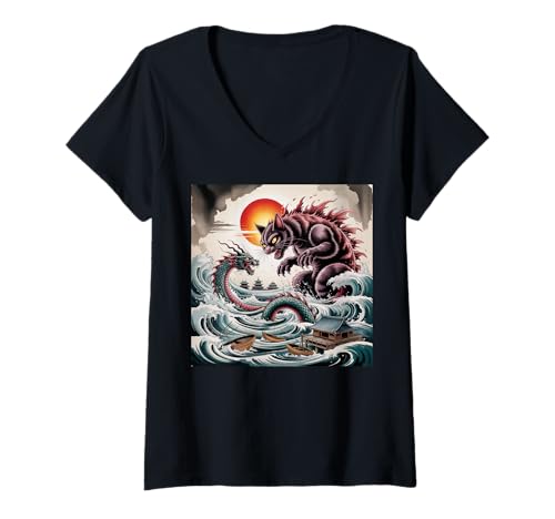 Damen Catzilla Cat Japanische Kunst Drache Herren Damen Kinder Katzenliebhaber T-Shirt mit V-Ausschnitt Damen Catzilla Cat Japanische Kunst Drache Herren Damen Kinder Katzenliebhaber T-Shirt mit V-Ausschnitt von Catzilla tshirt Catzilla Cat Japanese Art