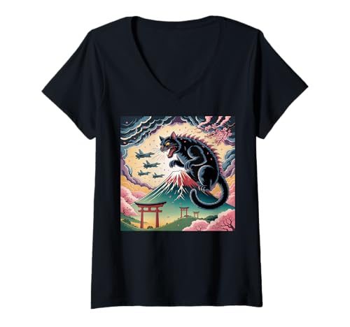 Damen Catzilla Cat Japanische Kunst Herren Damen Kinder Katzenliebhaber T-Shirt mit V-Ausschnitt Damen Catzilla Cat Japanische Kunst Herren Damen Kinder Katzenliebhaber T-Shirt mit V-Ausschnitt von Catzilla tshirt Catzilla Cat Japanese Art