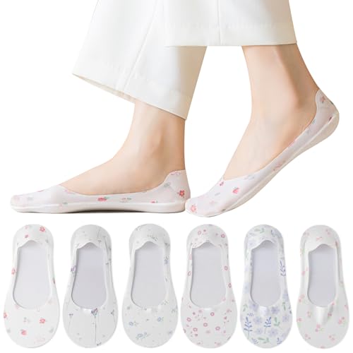 Caudblor 6 Paar Damen Sneaker Socken - No Show Füßlinge Unsichtbare Socken mit Rutschfest Silikon Schöne Blumenmalerei Modellieren 36-39 von Caudblor
