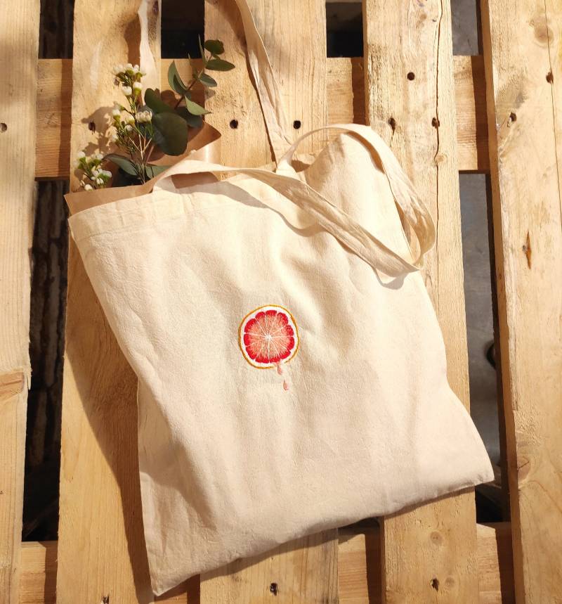 Grapefruit Tasche, Handbestickte Canvas Slice Embroidery, Baumwoll Einkaufstasche von CauliflowerGoods