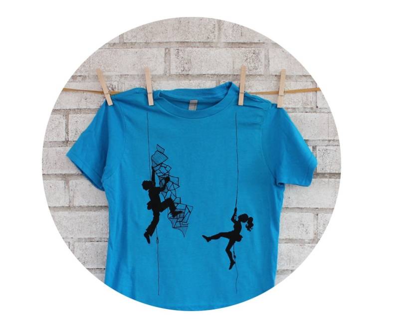 Jugend Klettern Tshirt, Kurzen Ärmeln Baumwolle Crewneck Grafik T-Shirt, Von Hand Gedruckt, Siebdruck Shirt, Hell Türkis-Blau, Fitness von CausticThreads