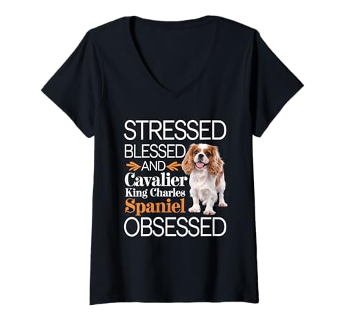 Damen Gestresster seliger besessener Kavalier King Charles Spaniel T-Shirt mit V-Ausschnitt Damen Gestresster seliger besessener Kavalier King Charles Spaniel T-Shirt mit V-Ausschnitt von Cavalier King Charles Spaniel Design