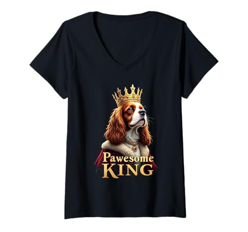 Damen Lustige Pawesome Cavalier King Charles Spaniel Hundekunst T-Shirt mit V-Ausschnitt von Cavalier King Charles Spaniel Fun Designs
