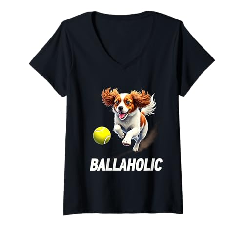 Damen Lustiger Ballaholic Cavalier King Charles Spaniel Chasing Ball T-Shirt mit V-Ausschnitt von Cavalier King Charles Spaniel Fun Designs