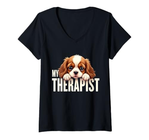 Damen Lustiger Welpe My Therapist Cavalier King Charles Spaniel Hund T-Shirt mit V-Ausschnitt Damen Lustiger Welpe My Therapist Cavalier King Charles Spaniel Hund T-Shirt mit V-Ausschnitt von Cavalier King Charles Spaniel Fun Designs