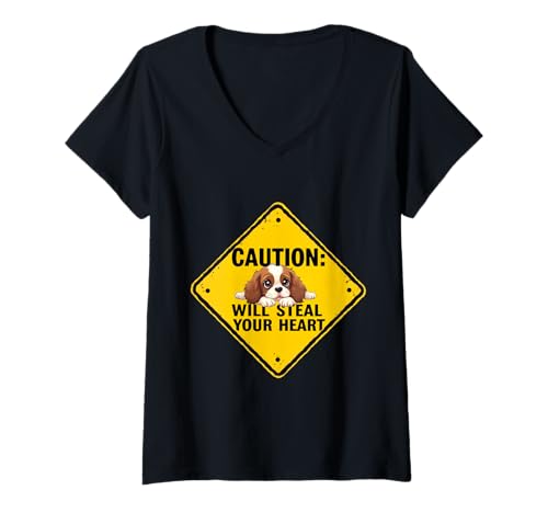 Damen Schild mit Aufschrift "Caution Charles Spaniel", lustiges Geschenk T-Shirt mit V-Ausschnitt Damen Schild mit Aufschrift "Caution Charles Spaniel", lustiges Geschenk T-Shirt mit V-Ausschnitt von Cavalier King Charles Spaniel Fun Designs