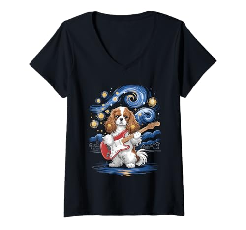 Damen Sternennacht Cavalier King Charles Spaniel T-Shirt mit V-Ausschnitt Damen Sternennacht Cavalier King Charles Spaniel T-Shirt mit V-Ausschnitt von Cavalier King Charles Spaniel Guitar