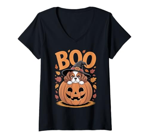 Damen Kürbis Halloween Cavalier King Charles Spaniel T-Shirt mit V-Ausschnitt Damen Kürbis Halloween Cavalier King Charles Spaniel T-Shirt mit V-Ausschnitt von Cavalier King Charles Spaniel Halloween women, men