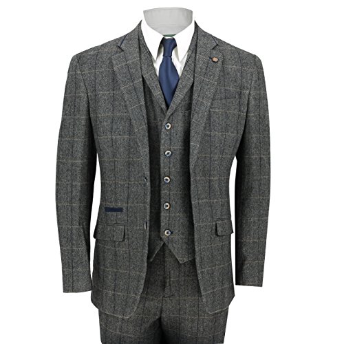 Cavani Herren 3 Stück Tweed Anzug Weinlese mit Fischgrätmuster Grau Überprüfen Sie Retro taillierte Jacke, Weste, Hose[SUIT-ALBERT-GREY-46] von Cavani