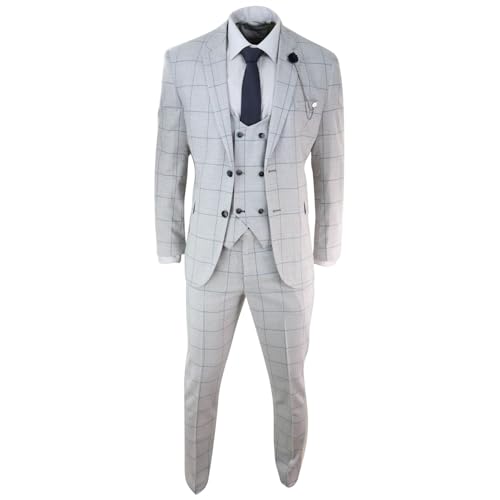 Cavani Herrenanzug 3 Teilig Hellgrau Kariert Zwei Reiher Weste Tailored Fit von Cavani