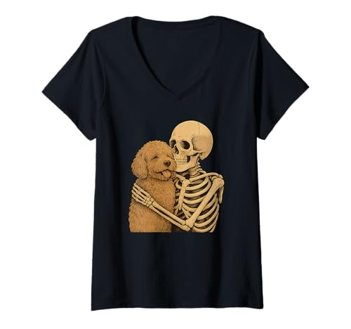 Damen Skelett umarmt Cavapoo Dog Halloween T-Shirt mit V-Ausschnitt Damen Skelett umarmt Cavapoo Dog Halloween T-Shirt mit V-Ausschnitt von Cavapoo Dog Mom