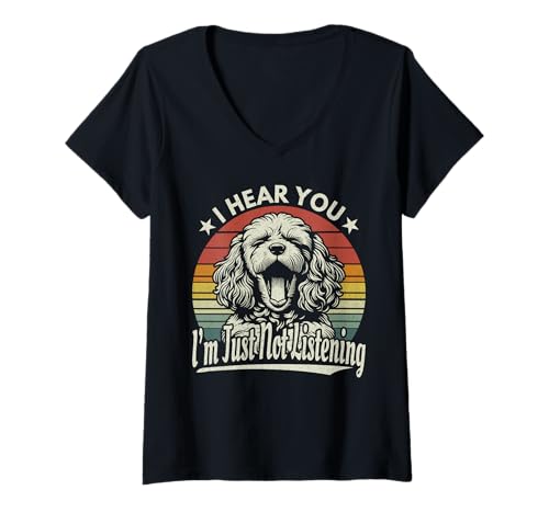 Damen Yawn Cavapoo Cavoodle I Hear You I'm Just Not Listening Retro T-Shirt mit V-Ausschnitt von Cavapoo Lover Funny Sleepy Cavoodle Gift Design