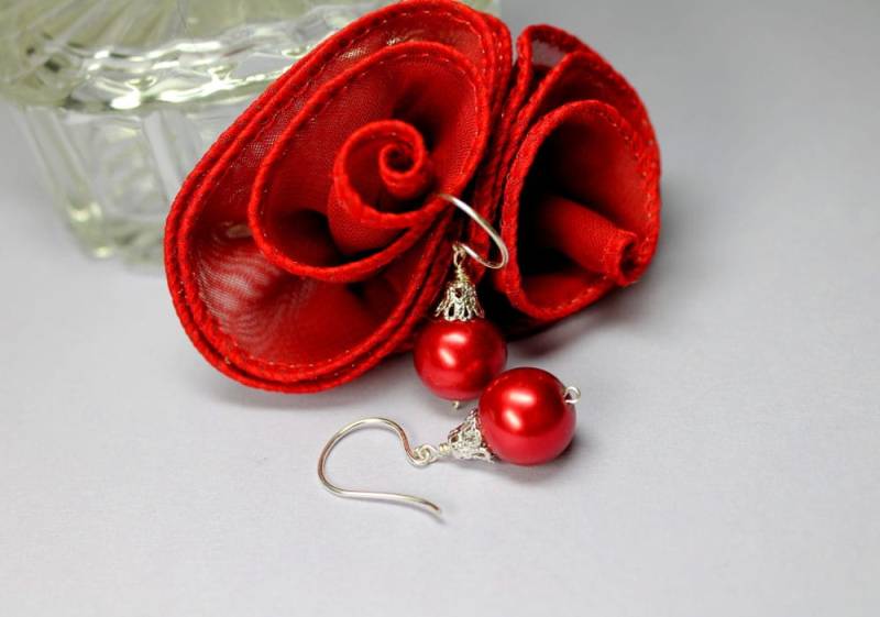 Weihnachts Ohrringe, Rote Tropfen Perle, Sterling Silber Schmuck von CaveGemstones