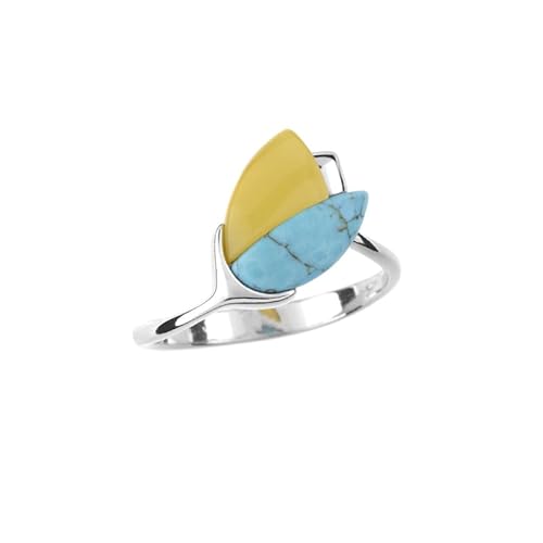 Cavill 925 Sterlingsilber Ring mit 1,6 ct Türkis & baltischem Bernstein, eleganter Fancy-Cabochon Edelsteinring in Blau und Gelb, moderner Schmuck, Größen 16-19 von Cavill