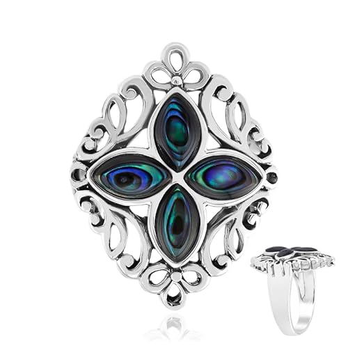 Cavill Abalone Muschel Ring – Abalone Silberring Damen aus 925 Sterling Silber, florales Design mit 4 bunten Abalone-Inlays Marquiseschliff, Vintage-Stil Cavill Abalone Muschel Ring – Abalone Silberring Damen aus 925 Sterling Silber, florales Design mit 4 bunten Abalone-Inlays Marquiseschliff, Vintage-Stil von Cavill