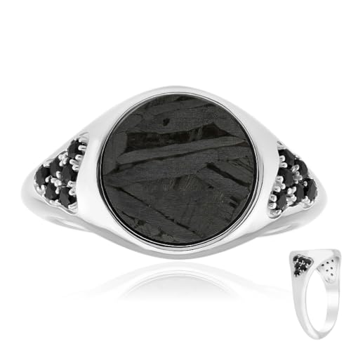 Cavill Aletai Meteorit Silberring 925 Sterling Silber mit 1,59 ct Rundschliff Meteorit & 12 schwarzen Spinellen, moderner eleganter runder Ring in Schwarz, Größe 17-22 von Cavill